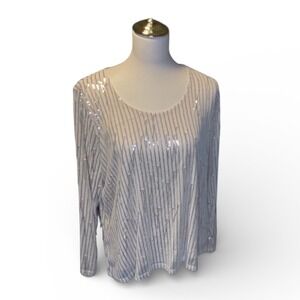 ATTITUDES by Renee Sequin Embellished Long Sleeve Top Ivory Sparkle Glam L